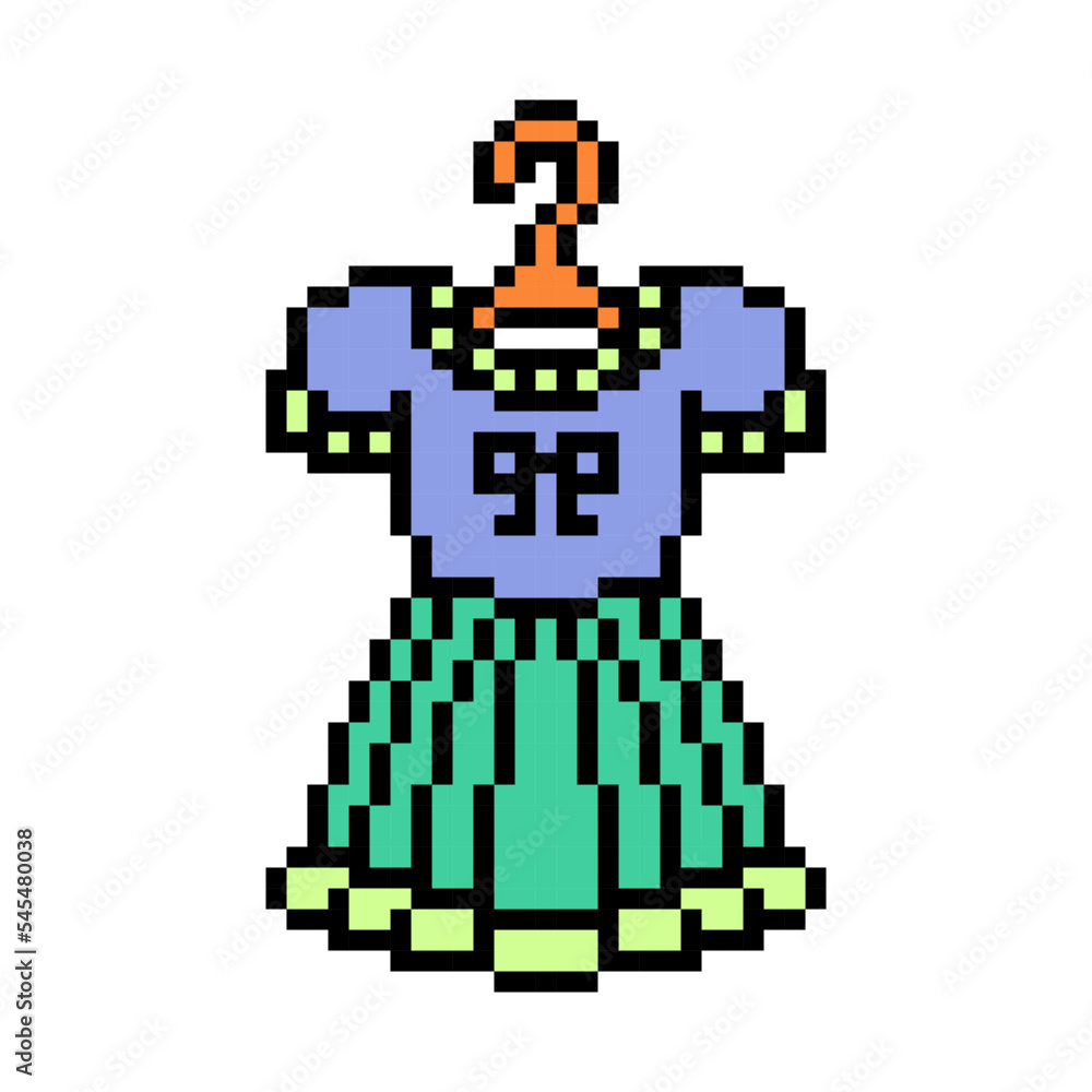 Fototapeta premium Pixel art symbol of blue and purple short sleeve dress with folds on a hanger isolated on white background. Women's fashion clothes icon. Retro vintage 90s, 80s 8 bit slot machine, video game graphics