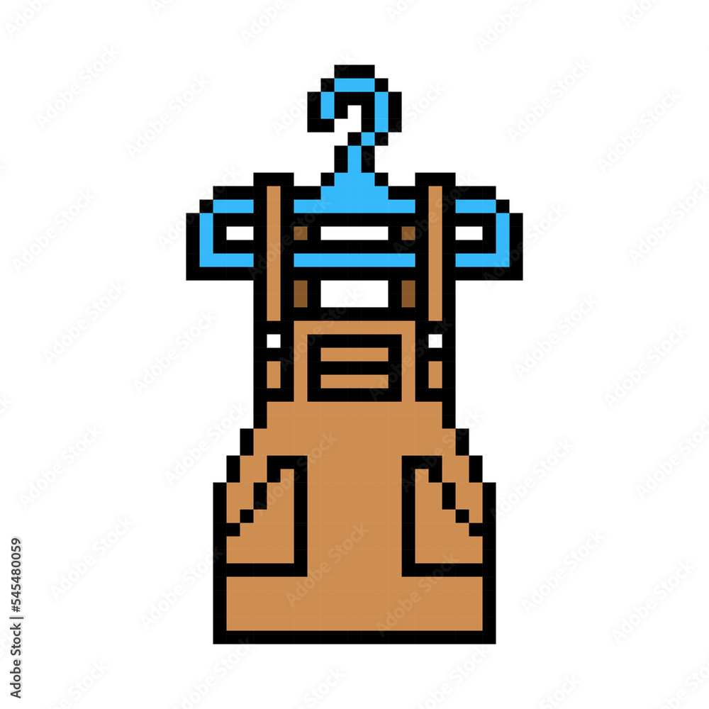 Pixel art symbol of brown skirtall on a hanger isolated on white background. Women's fashion clothes icon. Girl overall skirt costume. Retro vintage 90s, 80s 8 bit slot machine, video game graphics. Pixel art symbol of brown skirtall on a hanger isolated on white background. Women's fashion clothes icon. Girl overall skirt costume. Retro vintage 90s, 80s 8 bit slot machine, video game graphics.