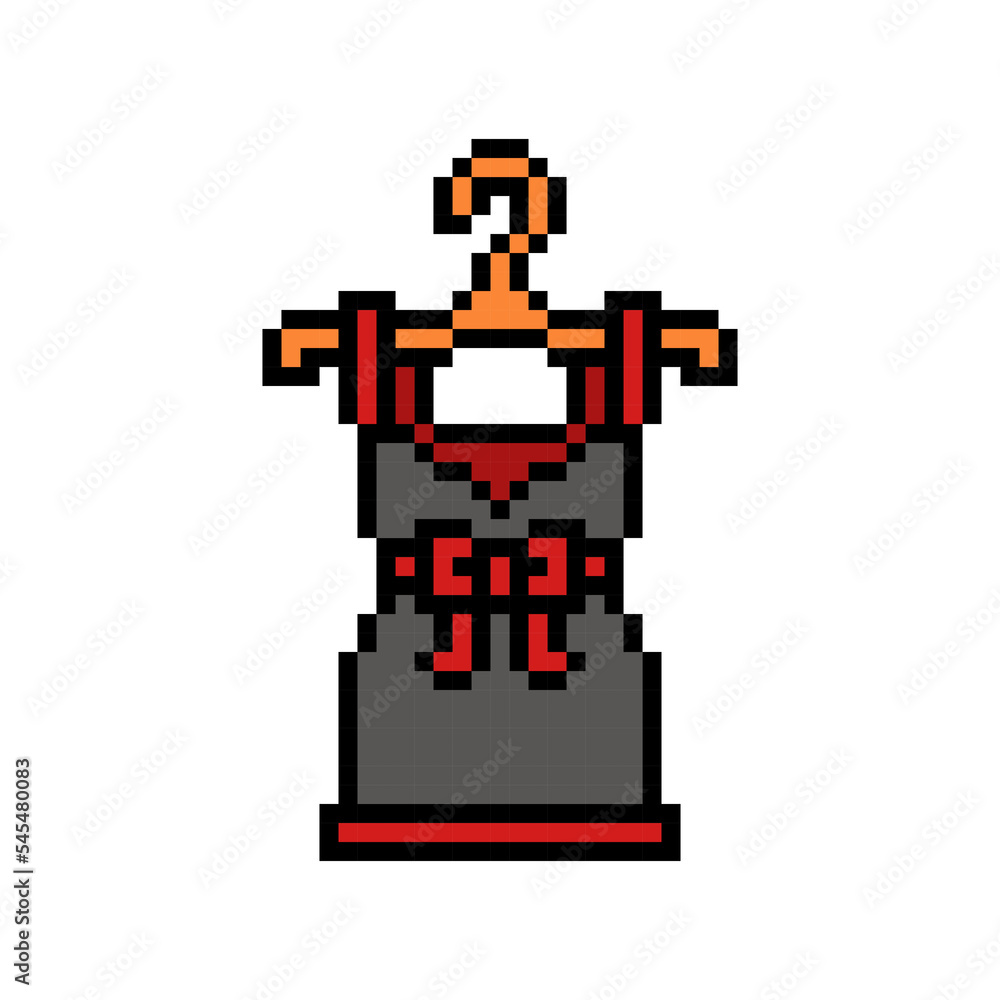 Pixel art symbol of black and red sleeveless mini dress with ribbon bow belt on a hanger isolated on white background. Clothes icon. Retro vintage 90s, 80s 8 bit slot machine, 2d video game graphics. Pixel art symbol of black and red sleeveless mini dress with ribbon bow belt on a hanger isolated on white background. Clothes icon. Retro vintage 90s, 80s 8 bit slot machine, 2d video game graphics.
