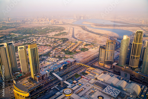 Print op canvas Dubai city view at sunset, Sheik Zayed Road main junction with cars and tube lin