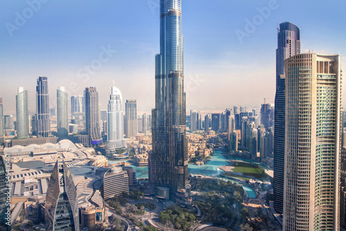 Print op canvas Burj Khalifa and Dubai city view at sunset. 2022