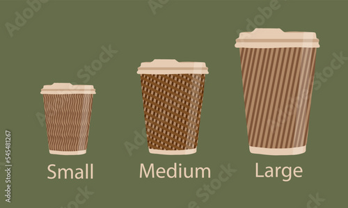 Vector set of different take away coffee. Paper cup size chart: small, medium, large. Coffee to go. Take away. Bar menu
