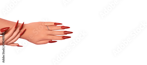 Female hands with red stiletto nails design. Glitter red nail polish manicure. Female hands with stiletto nails design on transparent background. PNG. Copy space. Place for text.