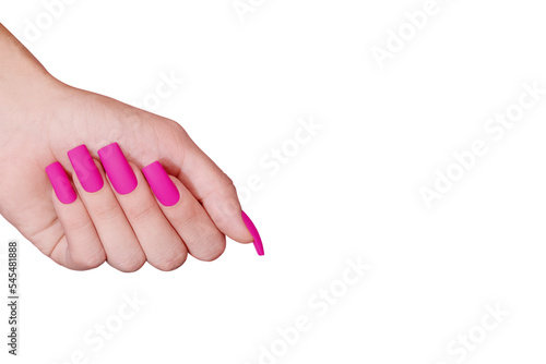 Female hand with pink nail design. Mate pink nail polish manicure. Female model hand with perfect pink manicure on transparent background. PNG file. Copy space. Place for text.