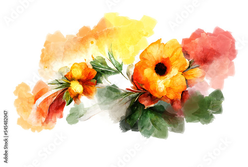Foto Watercolor illustration of orange flowers arrangement on transparent background
