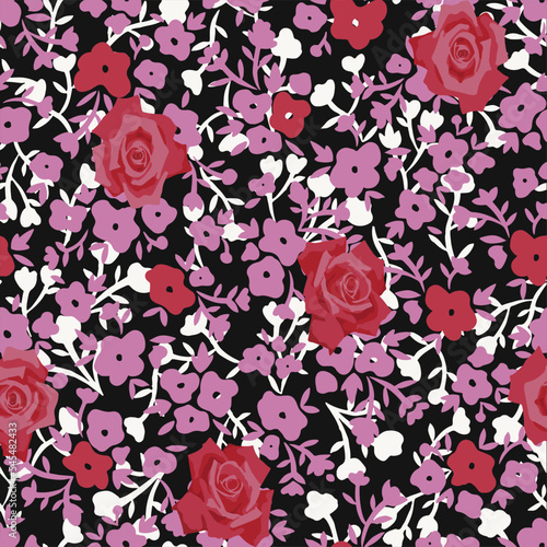 Red and pink flowers, seamless pattern. Red roses print. Rapport included.