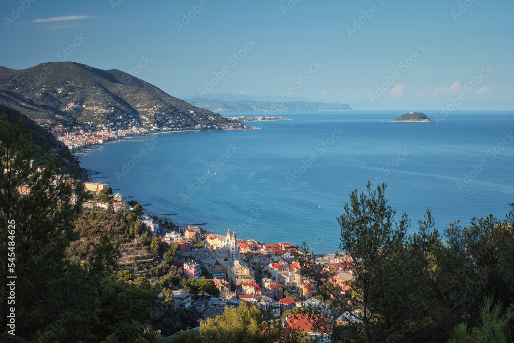 View of the coastal towns on the Italian Riviera from the mountain on a summer's day. Laigueglia and Alassio on Italian Riviera, Liguria, Italy