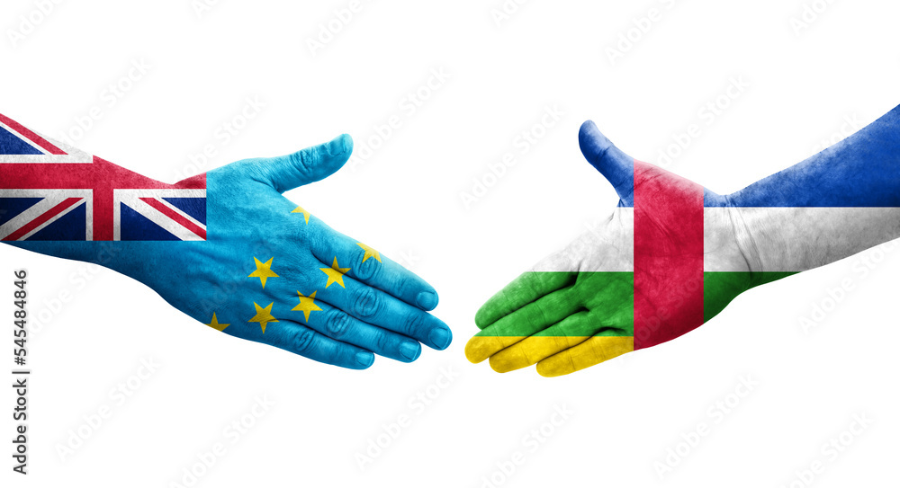 Handshake between Tuvalu and Central African Republic flags painted on hands, isolated transparent image. Handshake between Tuvalu and Central African Republic flags painted on hands, isolated transparent image.