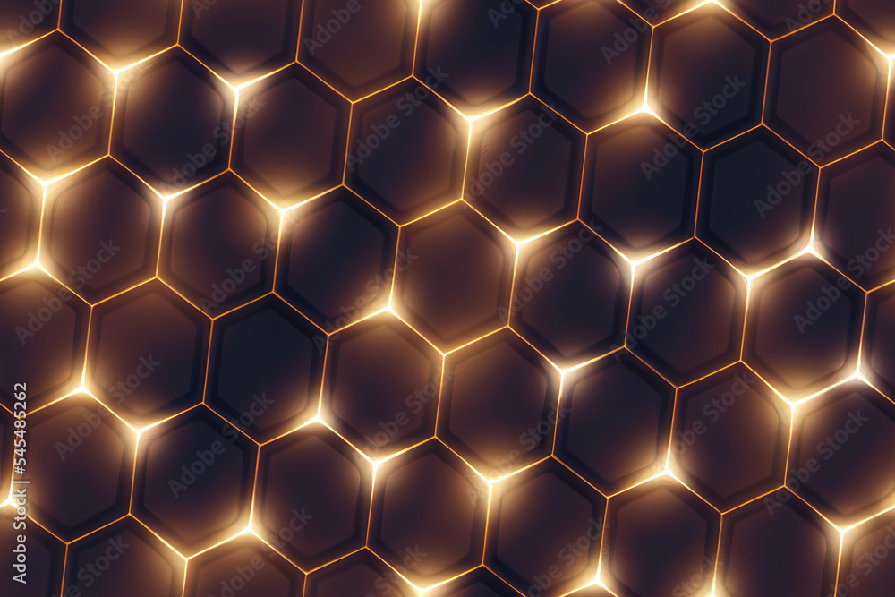 Vertical shot of golden hexagon seamless textile pattern 3d illustrated Vertical shot of golden hexagon seamless textile pattern 3d illustrated