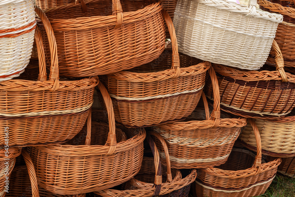 A lot of wicker baskets. Full frame shot of handmade baskets on the market