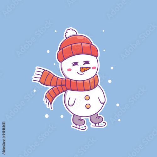 Cute cartoon snowman ice skating in vector illustration. Isolated character vector. Flat cartoon style