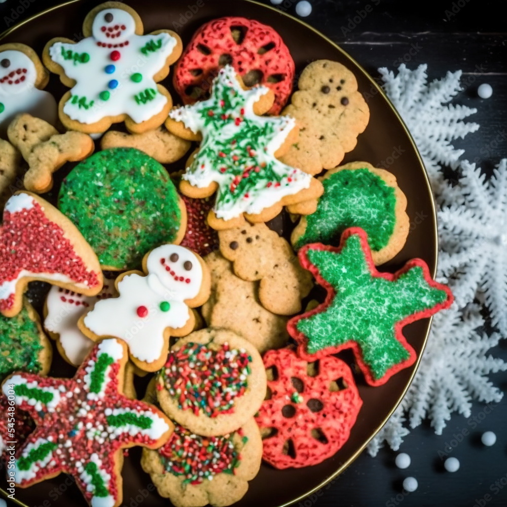 homemade Christmas cookie, decorated, top-view digital illustration 