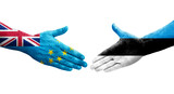 Handshake between Tuvalu and Estonia flags painted on hands, isolated transparent image.