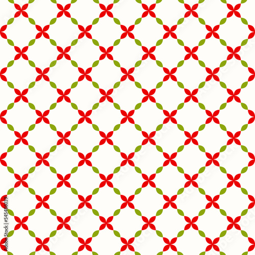 Seamless Christmas pattern of geometric style red poinsettia red and green leaves, on isolated background. Design for wrapping paper, scrapbooking, celebration of New Year and Christmas holidays.