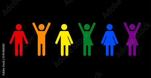 Gender equality and diversity concept. Vector flat illustration set. Multicolored silhouettes on a black background.