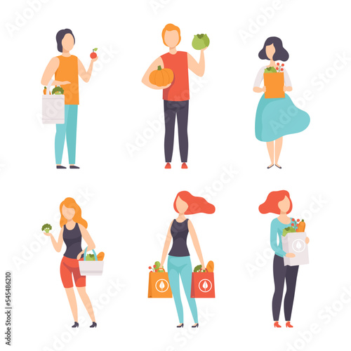 People Characters Carrying Shopping Eco Bags with Fresh Vegetables from Greengrocery Vector Set
