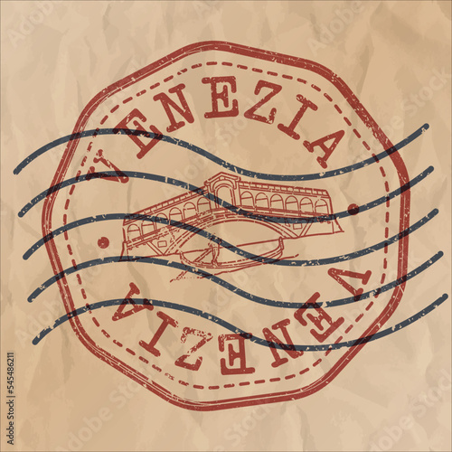 Venice, Metropolitan City of Venice, Italy Stamp City Travel Passport. Design Retro Symbol Country. Old Vintage Postmark.