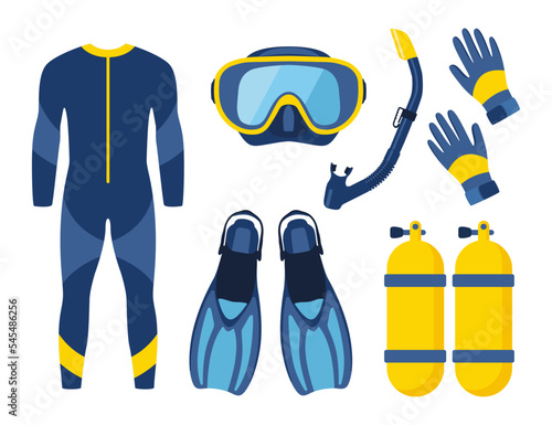 Diving equipment, set. Scuba diving, aqualung oxygen cylinders, diving costume, flippers, mask and tube. Vector illustration.