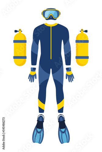 Diving equipment, set. Scuba diving, aqualung oxygen cylinders, diving costume, flippers, mask and tube. Vector illustration.