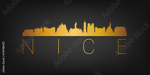 Nice, France Gold Skyline City Silhouette Vector. Golden Design Luxury Style Icon Symbols. Travel and Tourism Famous Buildings.