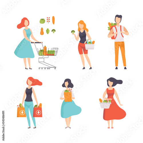People Characters Carrying Shopping Eco Bags with Fresh Vegetables from Greengrocery Vector Set