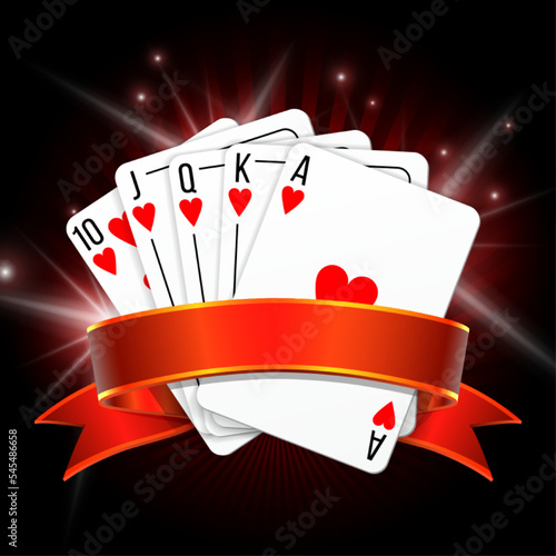 Set of four ace playing cards suits with red ribbon.