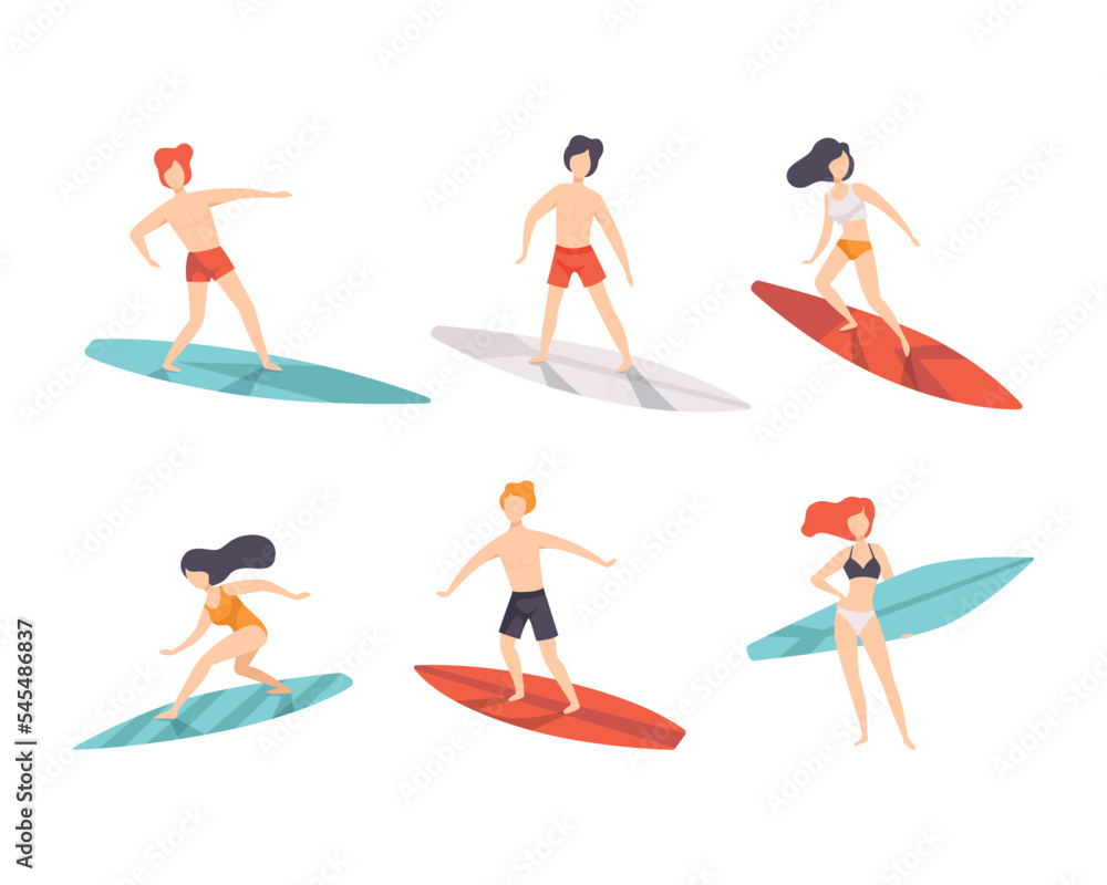 People Surfer Riding Surfboard Enjoying Summer Vacation Activity Vector Set People Surfer Riding Surfboard Enjoying Summer Vacation Activity Vector Set