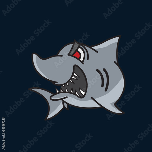 Cartoon shark vector mascot . Angry scary smile and teeth. Great white shark character, sea and ocean animal or underwater marine monster with evil face, sport club and team isolated mascot