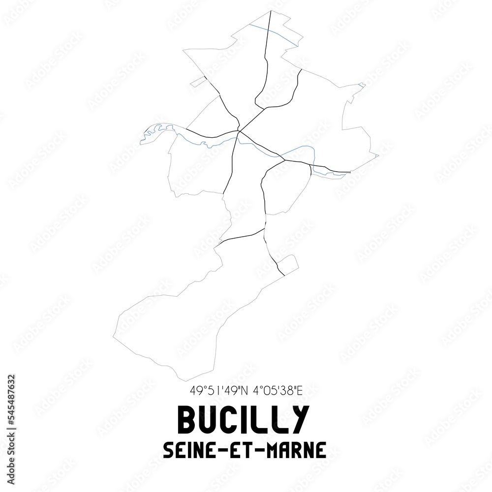 BUCILLY Seine-et-Marne. Minimalistic street map with black and white lines.