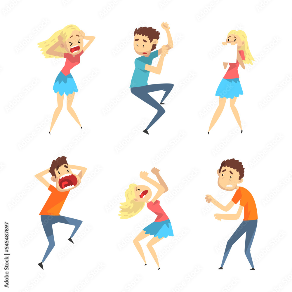 Fototapeta premium Scared and Panicking People Characters Afraid of Something Vector Set