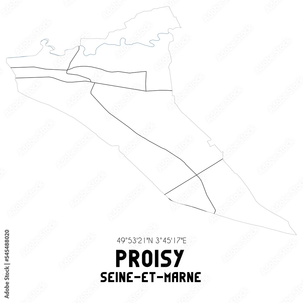 PROISY Seine-et-Marne. Minimalistic street map with black and white lines.