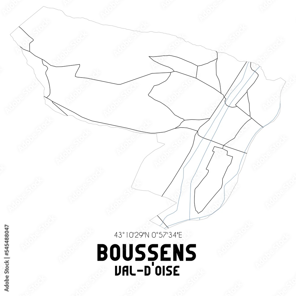 BOUSSENS Val-d'Oise. Minimalistic street map with black and white lines. BOUSSENS Val-d'Oise. Minimalistic street map with black and white lines.