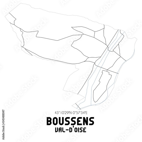 BOUSSENS Val-d Oise. Minimalistic street map with black and white lines.