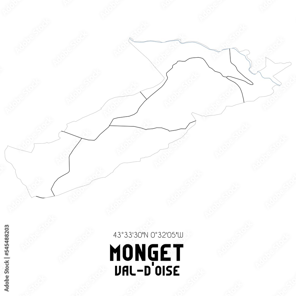 MONGET Val-d'Oise. Minimalistic street map with black and white lines. MONGET Val-d'Oise. Minimalistic street map with black and white lines.