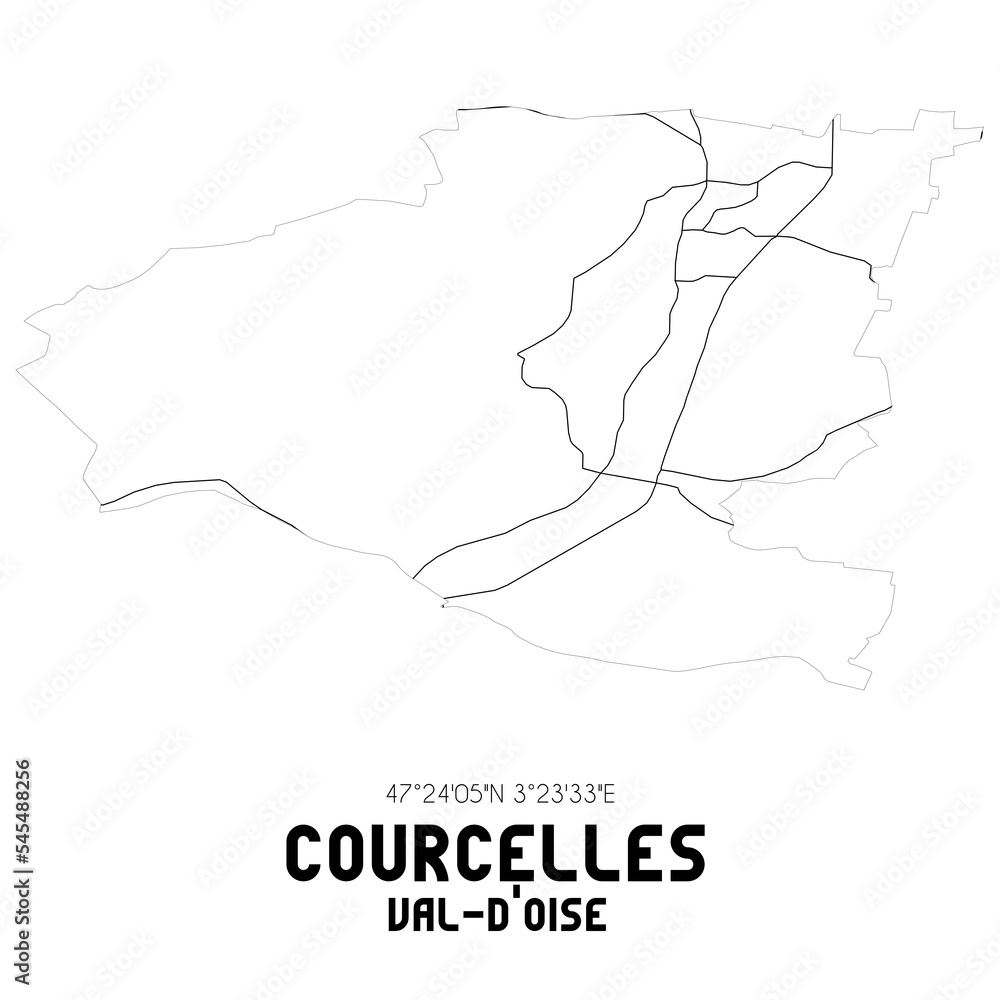 COURCELLES Val-d'Oise. Minimalistic street map with black and white lines. COURCELLES Val-d'Oise. Minimalistic street map with black and white lines.