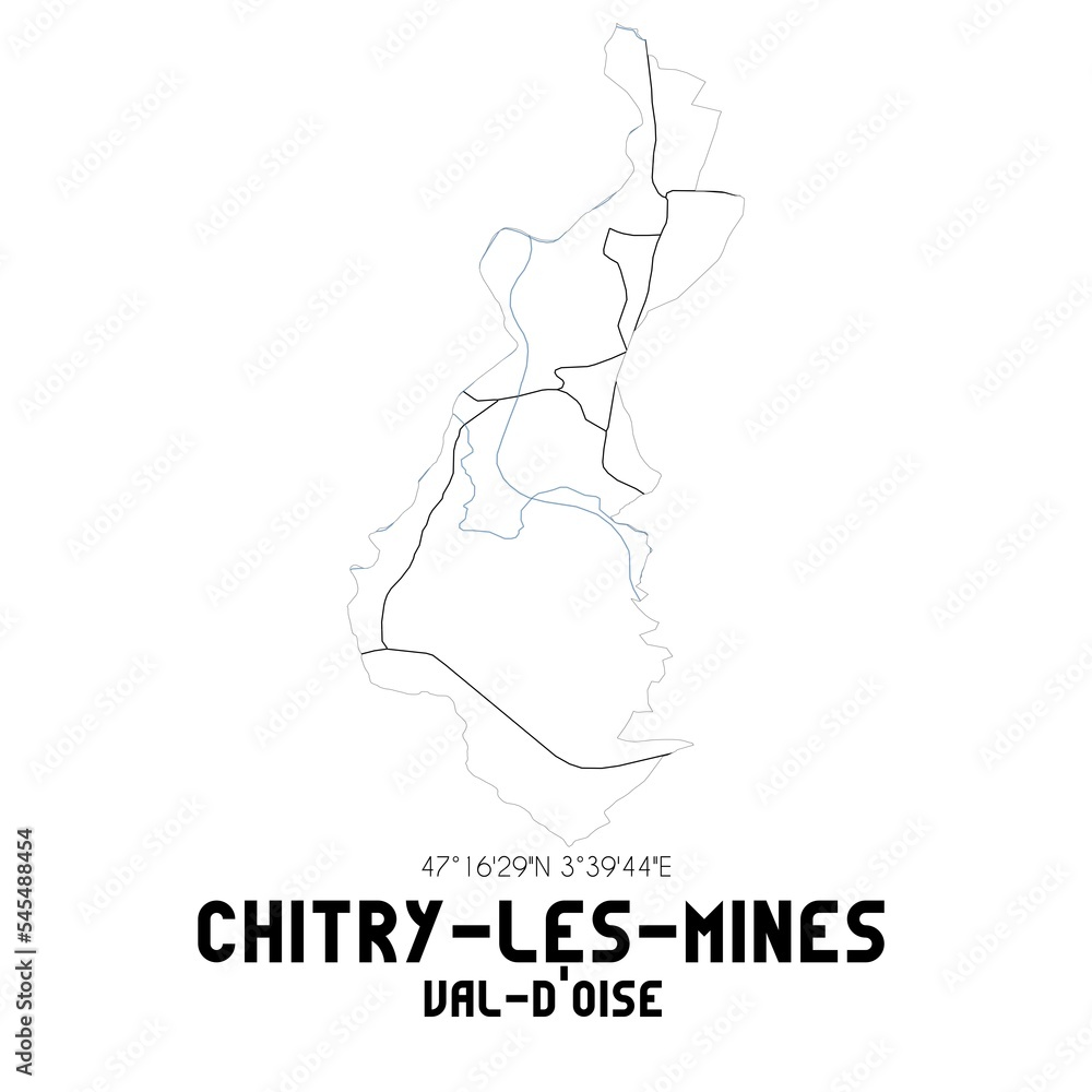 CHITRY-LES-MINES Val-d'Oise. Minimalistic street map with black and white lines.