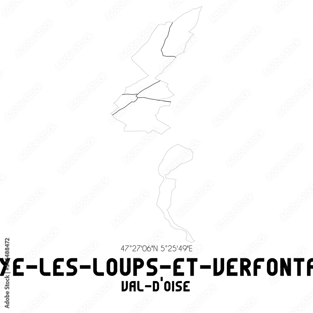 BROYE-LES-LOUPS-ET-VERFONTAINE Val-d'Oise. Minimalistic street map with black and white lines. BROYE-LES-LOUPS-ET-VERFONTAINE Val-d'Oise. Minimalistic street map with black and white lines.
