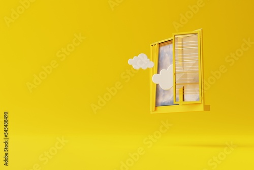 Obraz na plátně An isolated window on a yellow background with outgoing clouds and sky as a look