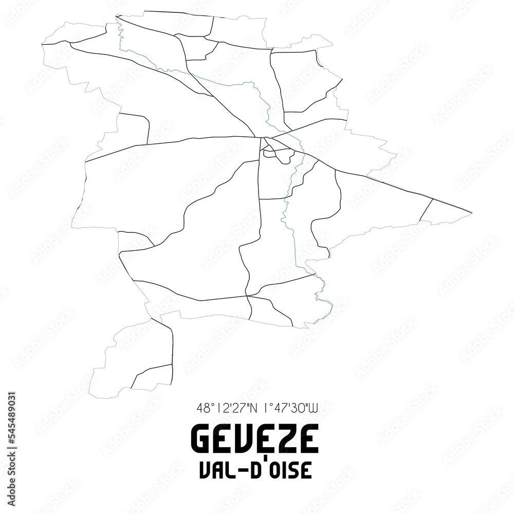 GEVEZE Val-d'Oise. Minimalistic street map with black and white lines.