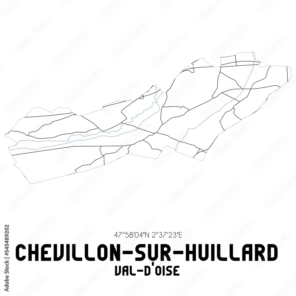 CHEVILLON-SUR-HUILLARD Val-d'Oise. Minimalistic street map with black and white lines. CHEVILLON-SUR-HUILLARD Val-d'Oise. Minimalistic street map with black and white lines.