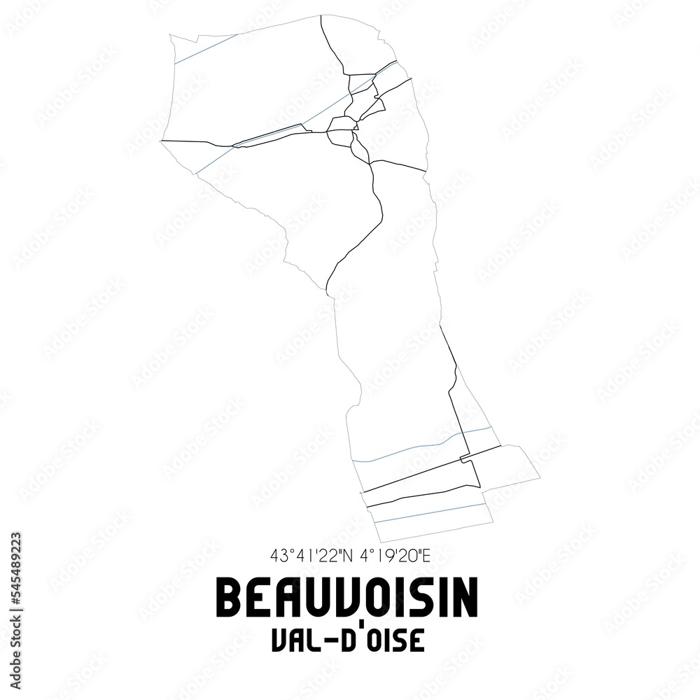 BEAUVOISIN Val-d'Oise. Minimalistic street map with black and white lines. BEAUVOISIN Val-d'Oise. Minimalistic street map with black and white lines.