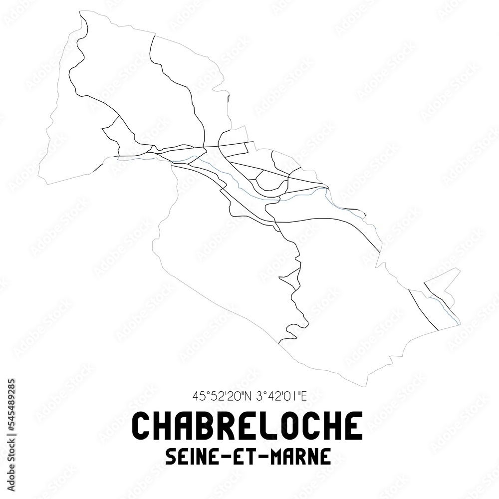 CHABRELOCHE Seine-et-Marne. Minimalistic street map with black and white lines.