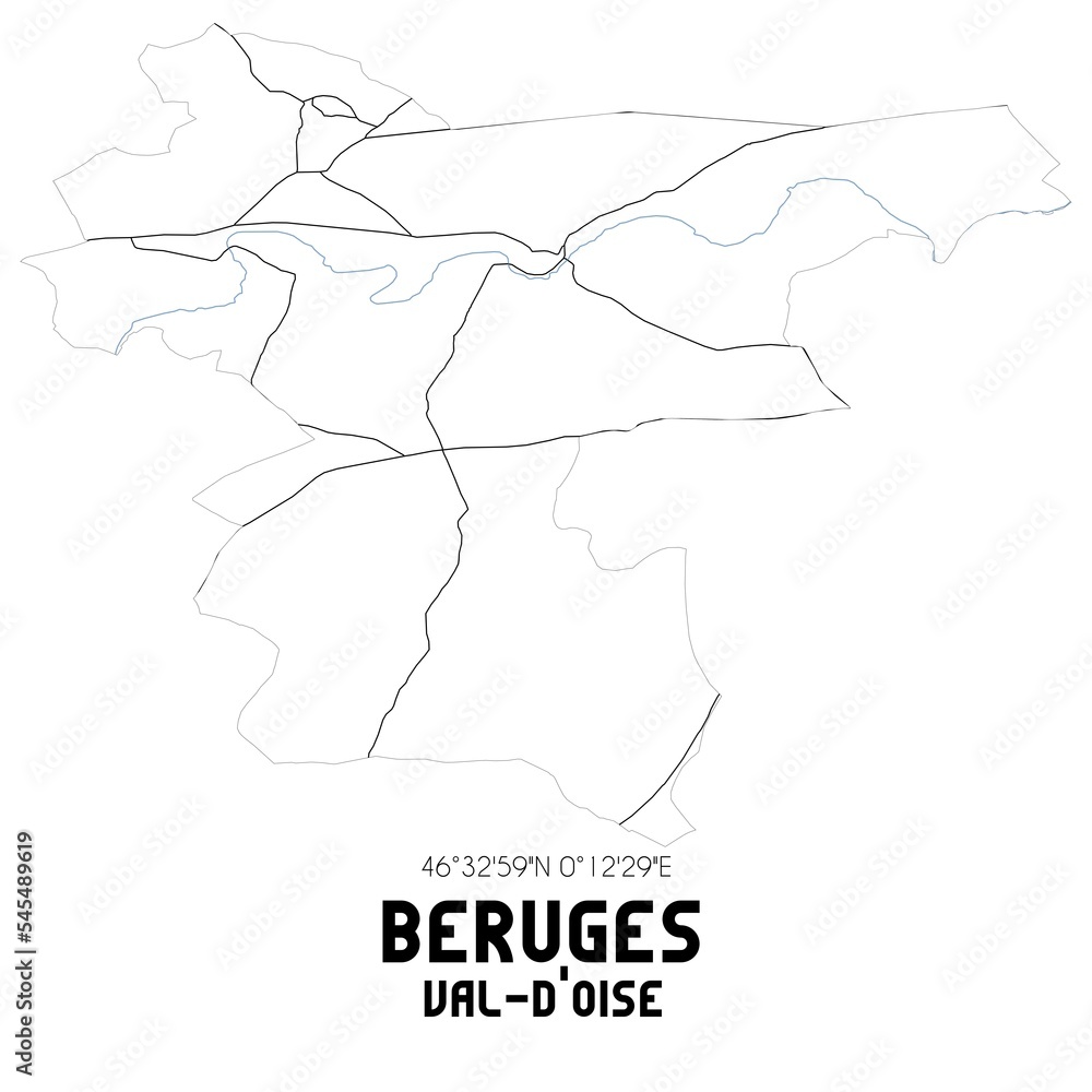 BERUGES Val-d'Oise. Minimalistic street map with black and white lines. BERUGES Val-d'Oise. Minimalistic street map with black and white lines.