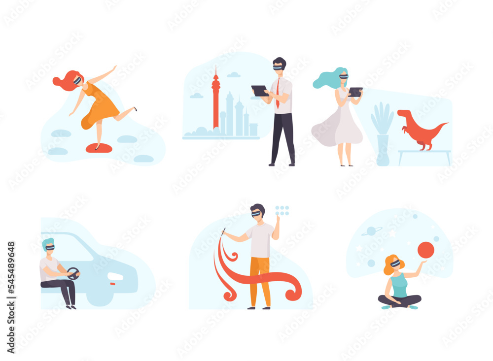 People Characters Wearing VR Glasses Enjoying Different Activity Vector Set People Characters Wearing VR Glasses Enjoying Different Activity Vector Set