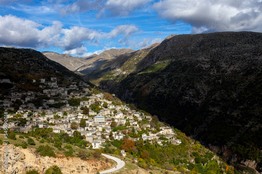 Syrrako village in Tzoumerka mountains, panoramic view of this beautiful mountainous traditional village, in Epirus region, northern Greece, Europe.