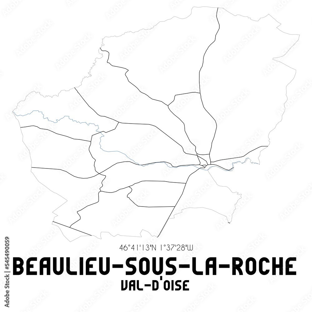 BEAULIEU-SOUS-LA-ROCHE Val-d'Oise. Minimalistic street map with black and white lines. BEAULIEU-SOUS-LA-ROCHE Val-d'Oise. Minimalistic street map with black and white lines.