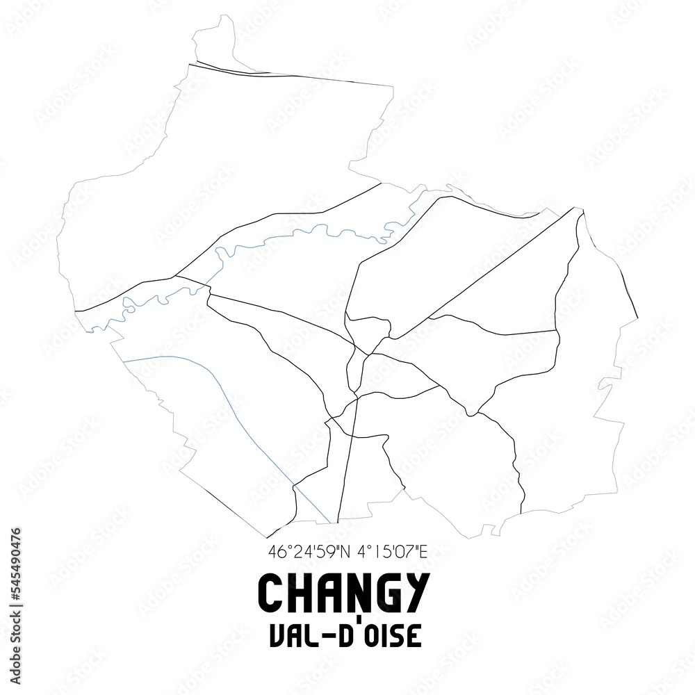 CHANGY Val-d'Oise. Minimalistic street map with black and white lines. CHANGY Val-d'Oise. Minimalistic street map with black and white lines.