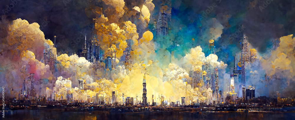 Abstract painting concept. Colorful art in golden tones with skyscrapers. Cityscape. Digital art image. - obrazy, fototapety, plakaty 