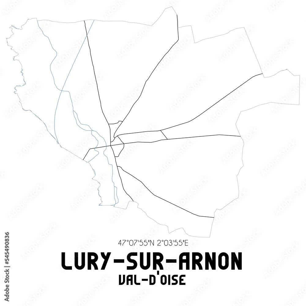 LURY-SUR-ARNON Val-d'Oise. Minimalistic street map with black and white lines.