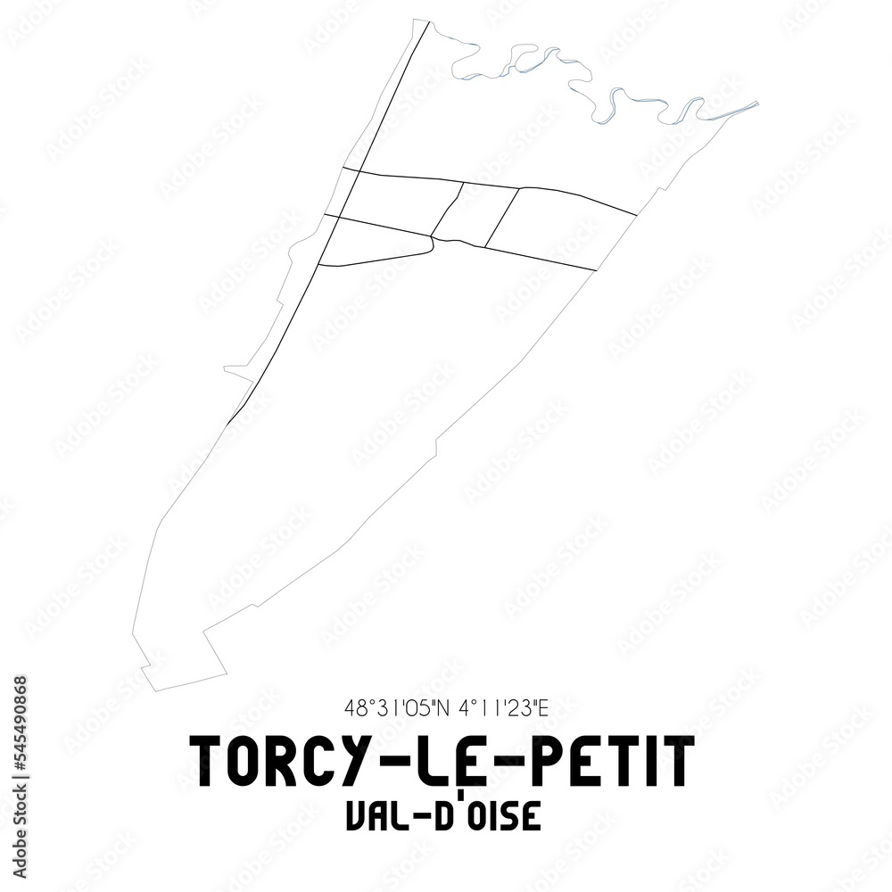 TORCY-LE-PETIT Val-d'Oise. Minimalistic street map with black and white lines.